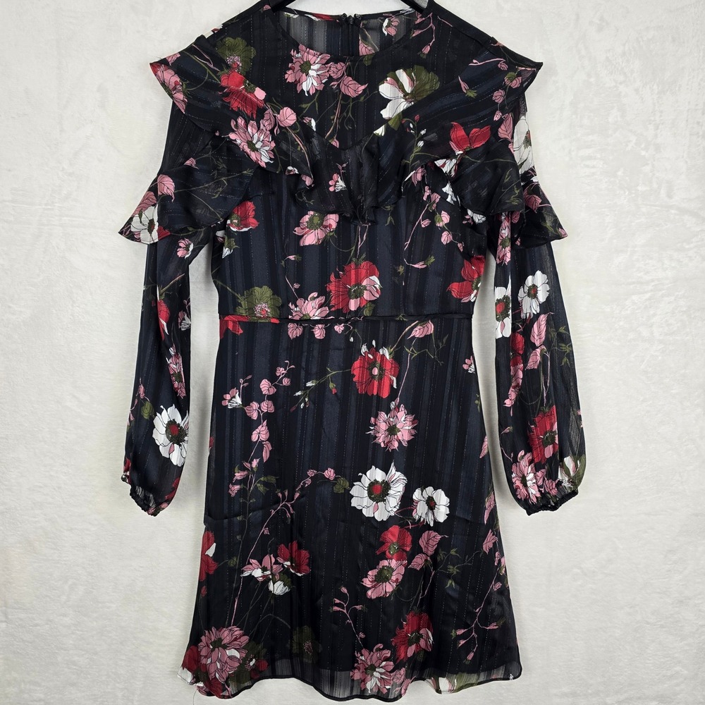 Adrianna Papell Floral Ruffle Mini Dress Black‎ Metallic Stripe Long Sleeve Sz 4
